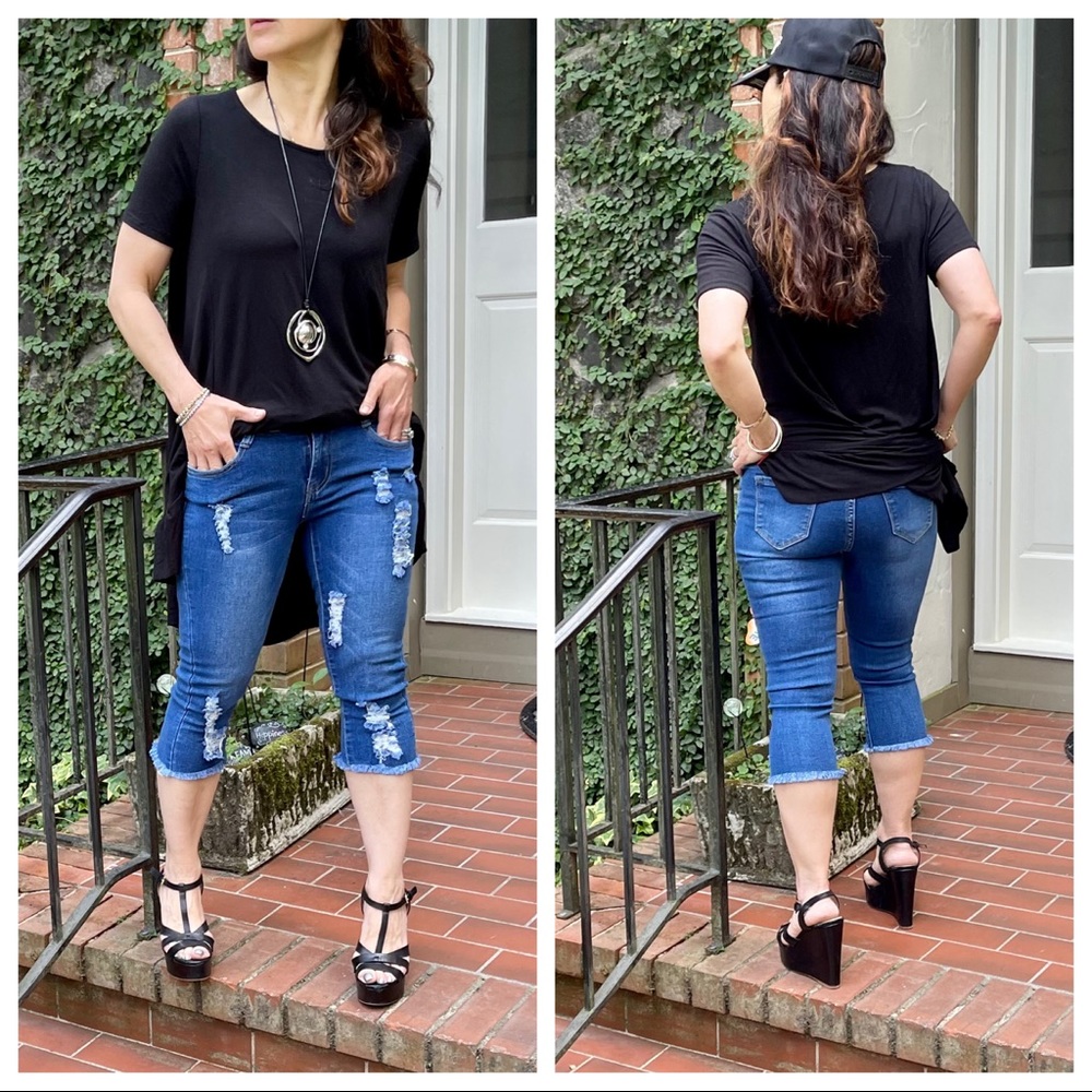 Boho Retro chic mid rise Capri  distressed frayed jeans - Picture 3 of 3